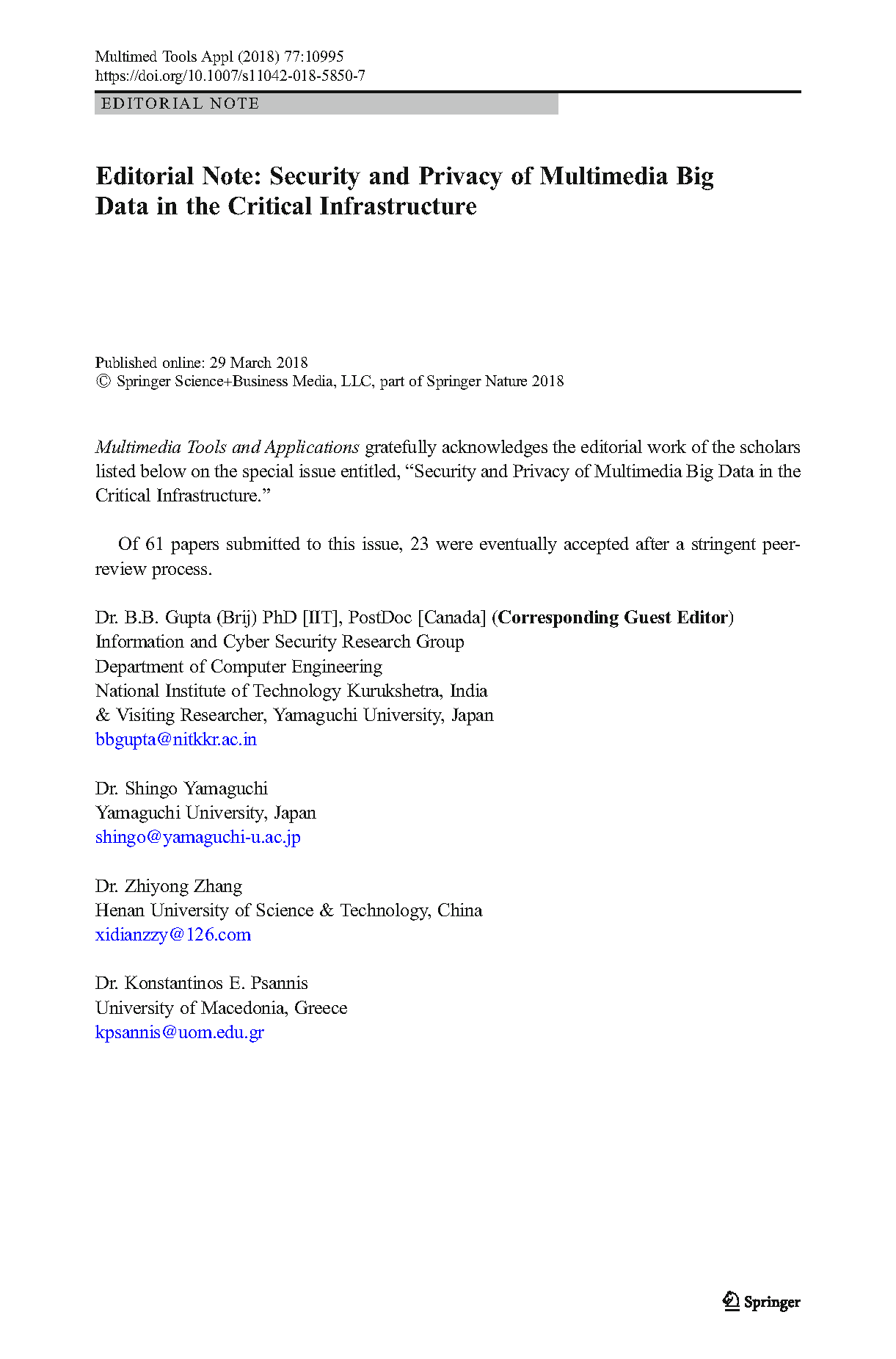 Editorial Note Security and Privacy of Multimedia Big Da