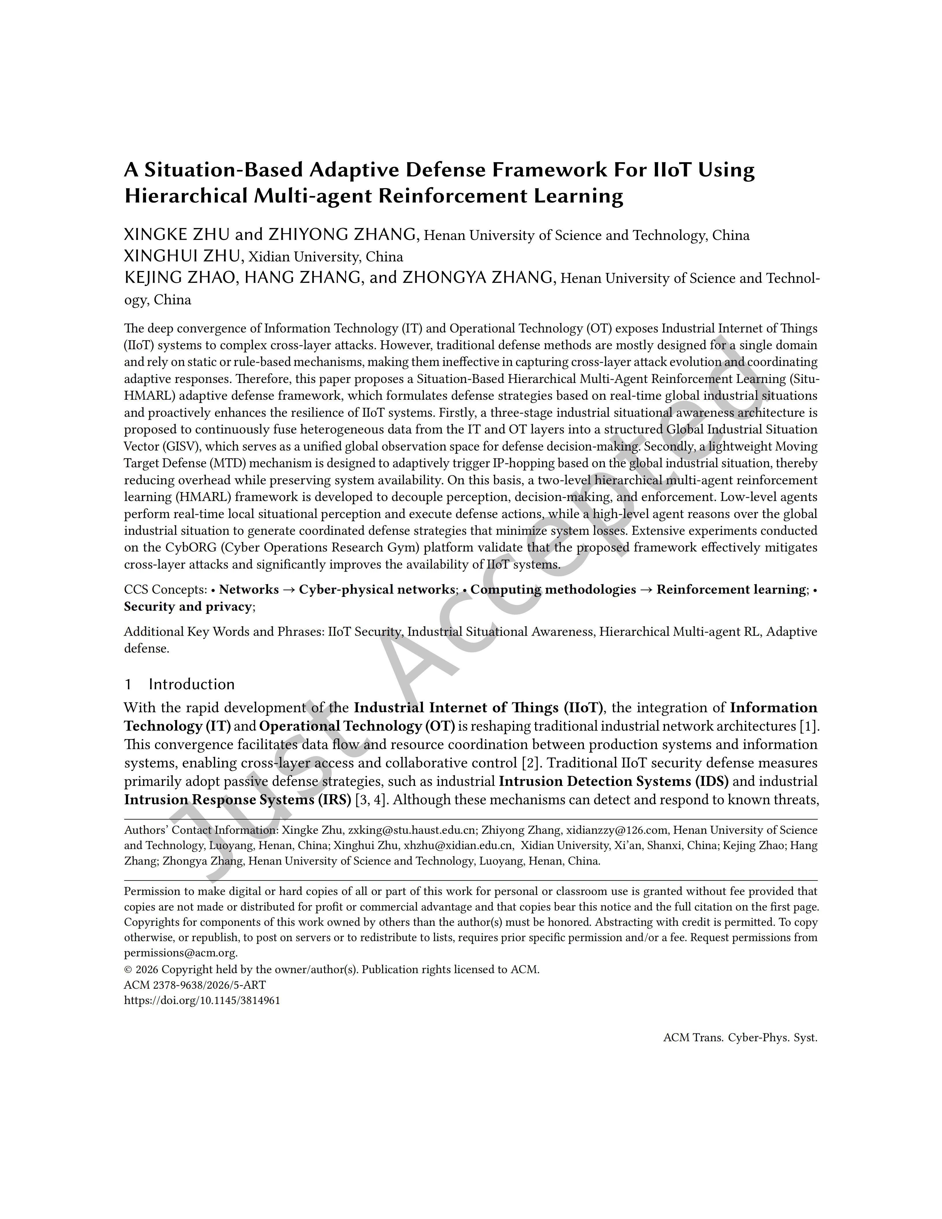 A Situation-Based Adaptive Defense Framework For IIoT 